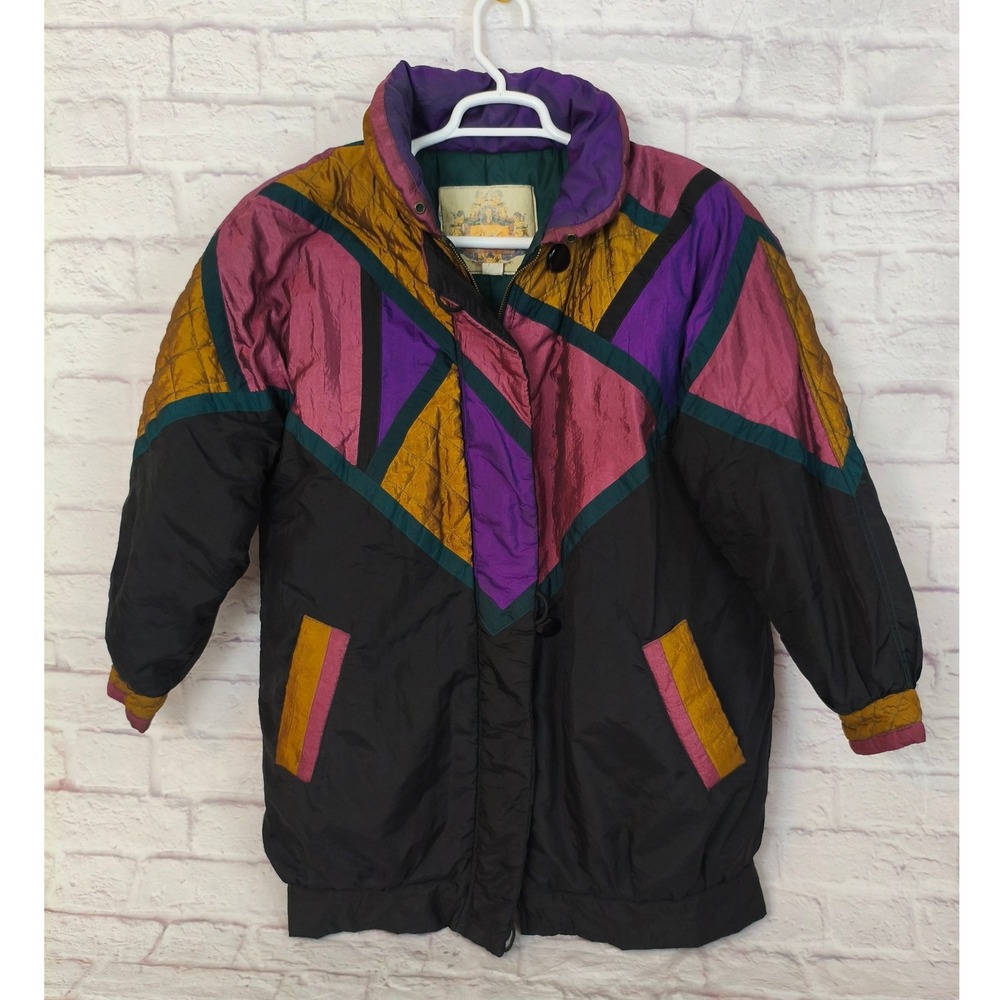 Vintage PAO Colorblock Puffer Jacket Black Purple Gold L Golden Girls Dorothy